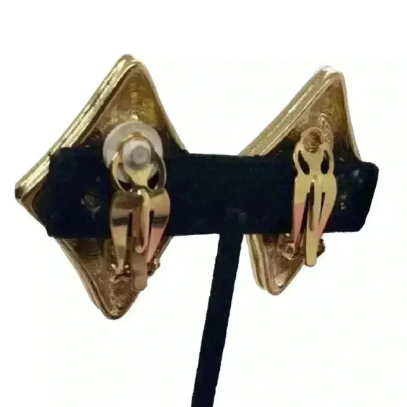 GIVENCHY Earrings Giant Statement Diamond Shaped Gold Wavy Clip Vintage Chunky - Picture 5 of 11